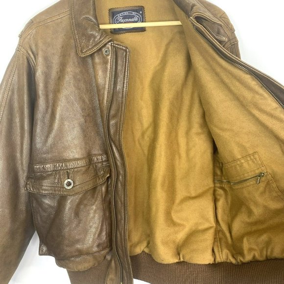 Faconnable Bomber Jacket Coat Mens Medium Leather Brown Vintage Retro Hipster - Picture 7 of 10